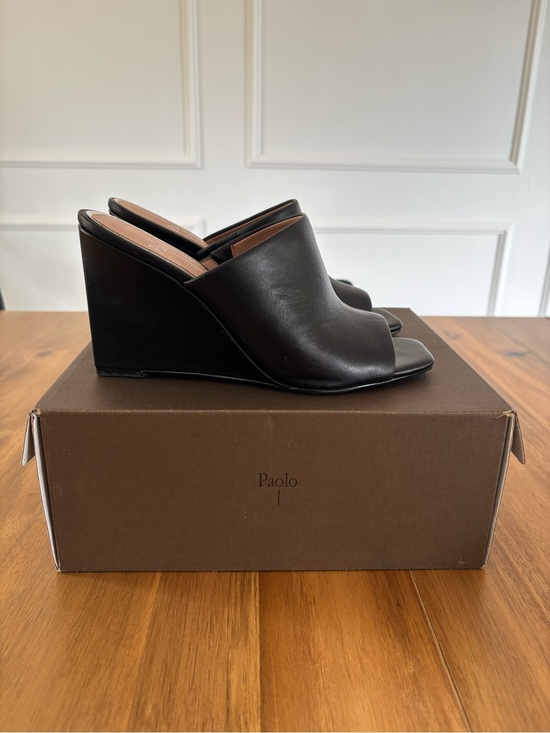 Linea paolo Shoes - Linea Paolo Black Leather Open-Toe Wedge Mules